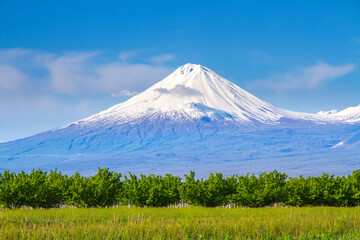 Mount Ararat (Turkey) at 5,137 m viewed from Yerevan, Armenia. This snow-capped dormant compound...