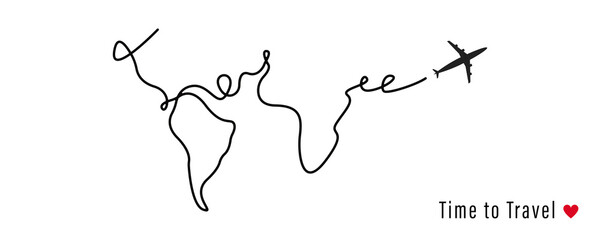 Airplane  line . Continuous linear art .Airplane route in  .Earth shape. Airplane flying on white background. Vector icon. Time to travel