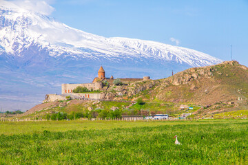 Awe-Inspiring medieval Khor Virap monastery in front of Mount Ararat viewed from Yerevan, Armenia....