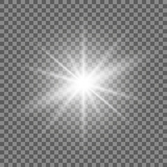 White beautiful light explodes with a transparent explosion. Vector, bright illustration for perfect effect with sparkles. Bright Star. Transparent shine of the gloss gradient, bright flash.