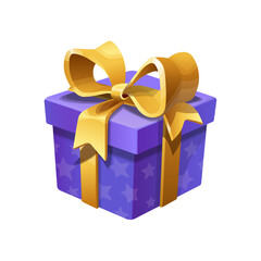 Purple gift box icon. Surprise present template, gold ribbon bow, isolated on white background. 3D design decoration for Christmas, New Year holiday, birthday celebration, Valentine Day illustration.