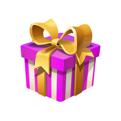 Pink gift box icon. Surprise present template, gold ribbon bow, isolated on white background. 3D design decoration for Christmas, New Year holiday, birthday celebration, Valentine Day illustration.