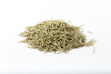 Heap of dried rosemary isolated on white background.