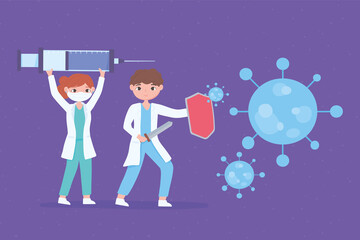female and male doctor syringe and shield vaccine medical covid 19