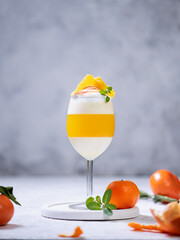 Italian dessert panna cotta with tangerine jelly layer in a glass