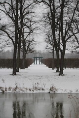 the baroque garden with moat in winter