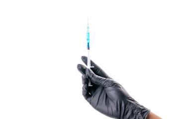 Vaccine isolated. Doctor hand in medical glove hold syringe with needle for protection flu virus...