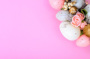 Easter wreath of colorful decorative eggs, flowers