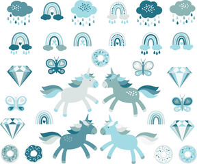 blue grey rainbow, unicorn, donut, butterfly, cloud, diamond vector clip art collection