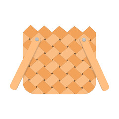 Wicker picnic basket. Woven willow hamper for food with two handles isolated on white background. Vector flat cartoon illustration.