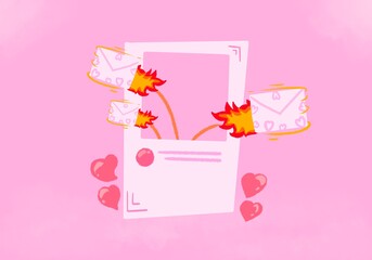 White phone frame illustration with envelope, love day idea or Valentine's Day or Mother's Day, message to lover  Hand drawn background