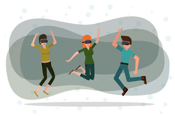 man and women dancing in the glasses of virtual reality. vector cartoon illustration. augmented reality party.