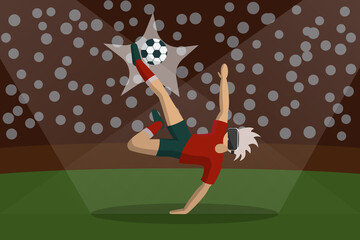 Young Man In Virtual Reality Glasses Play Football Over Stadium Background. Modern Vr Technology Concept.