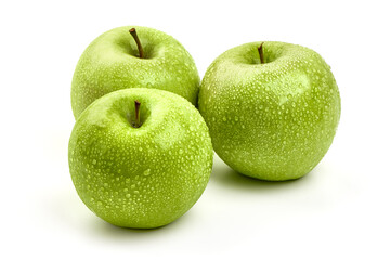 Granny smith apples with water drops, isolated on white background