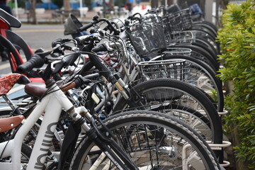 Fototapeta na wymiar A view of the bicycle parking lot around the station in Japan.