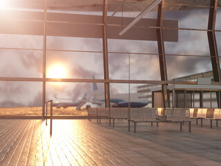 An empty airport terminal hall with an airplane in the background. render 3d 