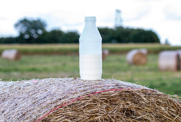 fresh milk in a jar on a haystack in a field