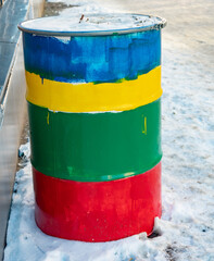 Rainbow colored barrel, lgbt colors, creative multi-colored barrel ashtray near the bar