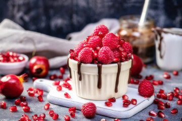 fresh french tart with raspberries on dark background