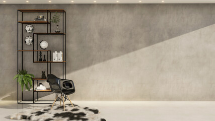 Industrial style living room with chair, bookcase, carpet, burnt cement wall, decorative plant, and interior decoration objects. 3D rendering and illustration