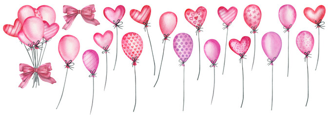 Watercolor air balloons. Hearts, bows, valentine's day decoration painting. Illustration isolated on white background