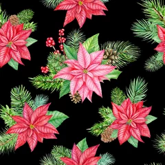 Tuinposter Watercolor seamless pattern with red and pink poinsettia flowers. Christmas repeated floral ornament on black background © Svetlana