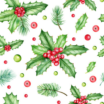 Watercolor seamless pattern with holly berries. Christmas repeated floral ornament on white background