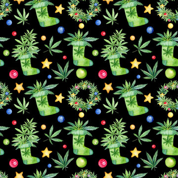 Watercolor seamless pattern with cannabis leaves and christmas stockings, wreathes and decorations. Black background