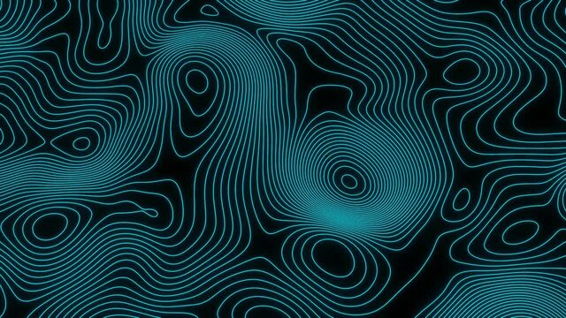 Topographic contour map background. Terrain with blue glowing lines. Moving relief texture. 3D render infinite loop.
