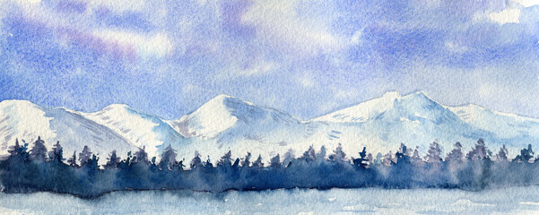 Watercolor painting with mountain scenery. Winter landscape illustration
