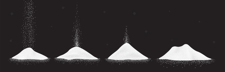 Sugar, salt or flour heap. Vector illustration set of white falling powder on black background. - obrazy, fototapety, plakaty