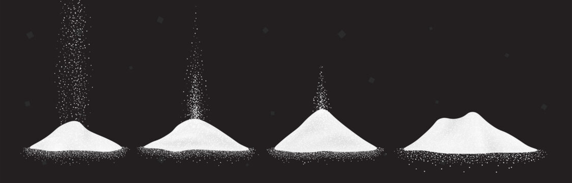 Sugar, salt or flour heap. Vector illustration set of white falling powder on black background.