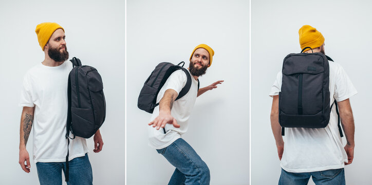 Collage of photos with young hipster guy with a black backpack in a white t-shirt