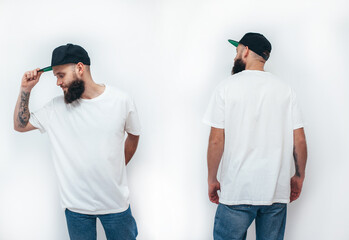 Collage of photos with young bearded hipster guy wearing white blank t-shirt. Mock-up for print. T-shirt template.