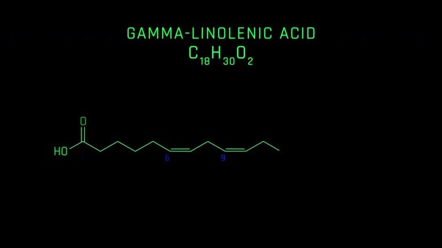 Gamma-Linolenic Acid or GLA Molecular Structure Symbol Neon Animation on black background