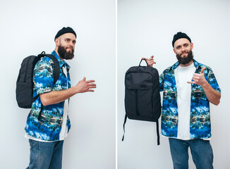 Collage of photos with young hipster guy in a hawaiian shirt with a black backpack - Powered by Adobe