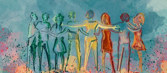 Happy group of diverse people, friends. Watercolor concept background