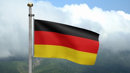 German flag waving in wind at mountain. Germany banner blowing soft silk