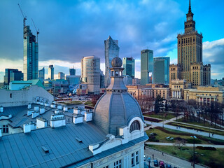 WARSAW, POLAND - February 05, 2021: Beautiful panoramic aerial drone view on Warsaw City...