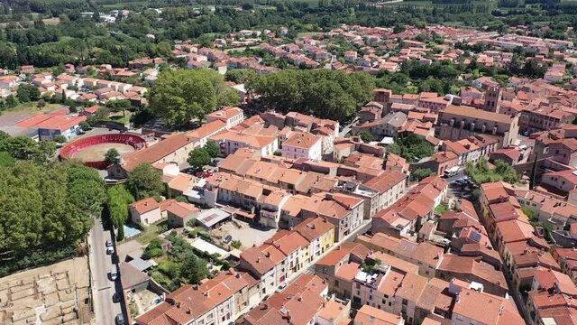 Aerial view of commune Millas in Pyrenees-Orientales, southern France. High quality 4k footage