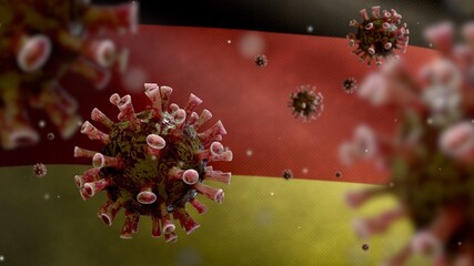 Flu coronavirus floating over German flag. Germany banner and pandemic Covid 19