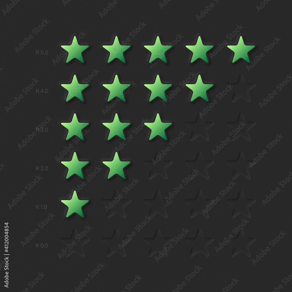 Poster rating stars vector dark neumorphic design elements set on dark background. customer product rating 