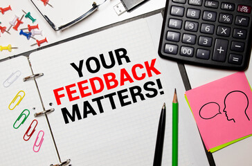 Text your feedback matters on white paper background business concept