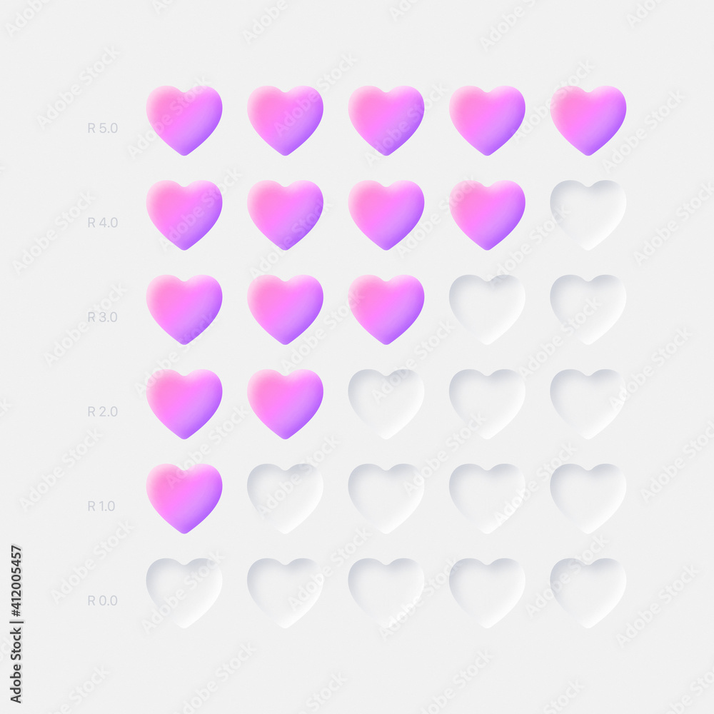 Poster vector 3d pink violet hearts rating icons neumorphic ui ux design elements on light background. life
