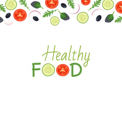 Vegetable round frame with tomatoes, cucumbers and spinach leaves, arugula on a dark background