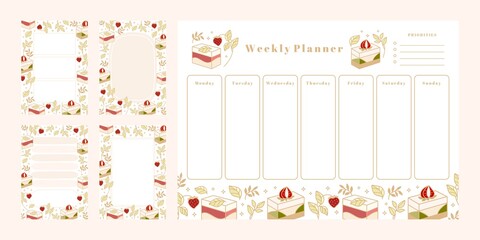 Set of weekly planner, daily to do list, notepad templates, school scheduler with hand drawn cake, floral, and strawberry elements
