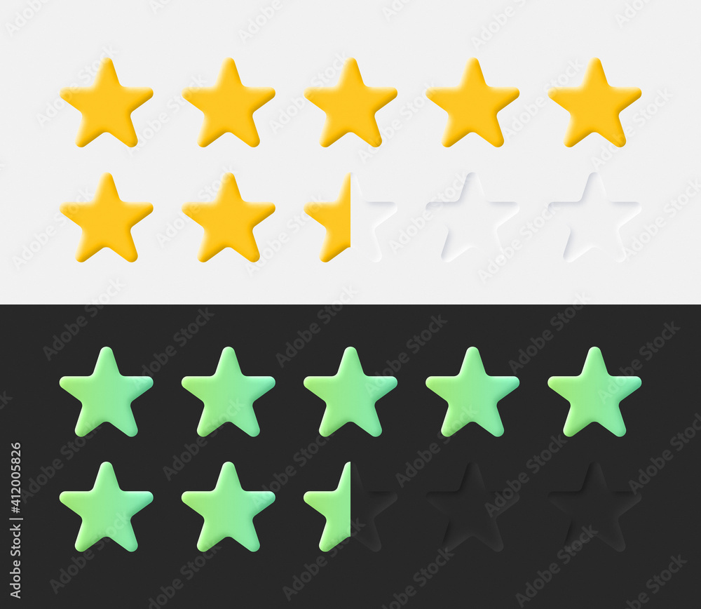 Poster stars rating icons set 3d vector neumorphic light and dark style material design elements. neumorphi