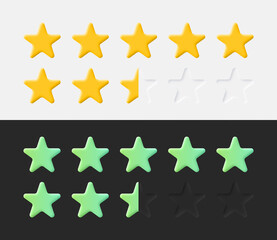 Stars Rating Icons Set 3D Vector Neumorphic Light And Dark Style Material Design Elements. Neumorphism UI UX Rating Scale In Different Variations For Web Or Mobile Application