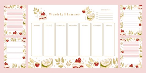 Set of weekly planner, daily to do list, notepad templates, school scheduler with hand drawn cake, floral, and strawberry elements