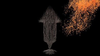 Tree in a shape of an arrow. Seasonal transition on black background. Eco Concept. 3D rendering.